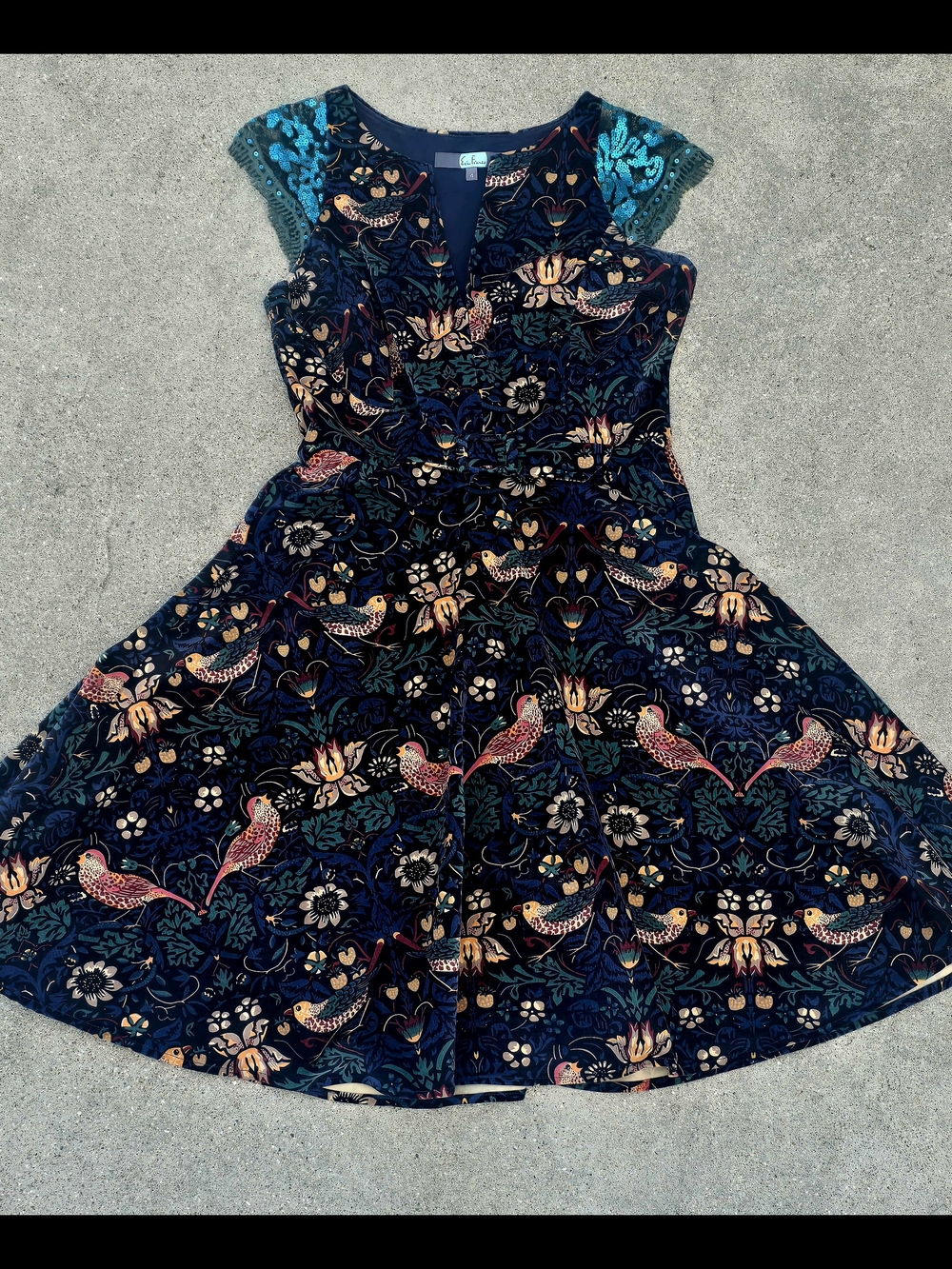 Women’s Stretch Corduroy Navy Floral & Bird Velvet Fit-and-Flare Dress